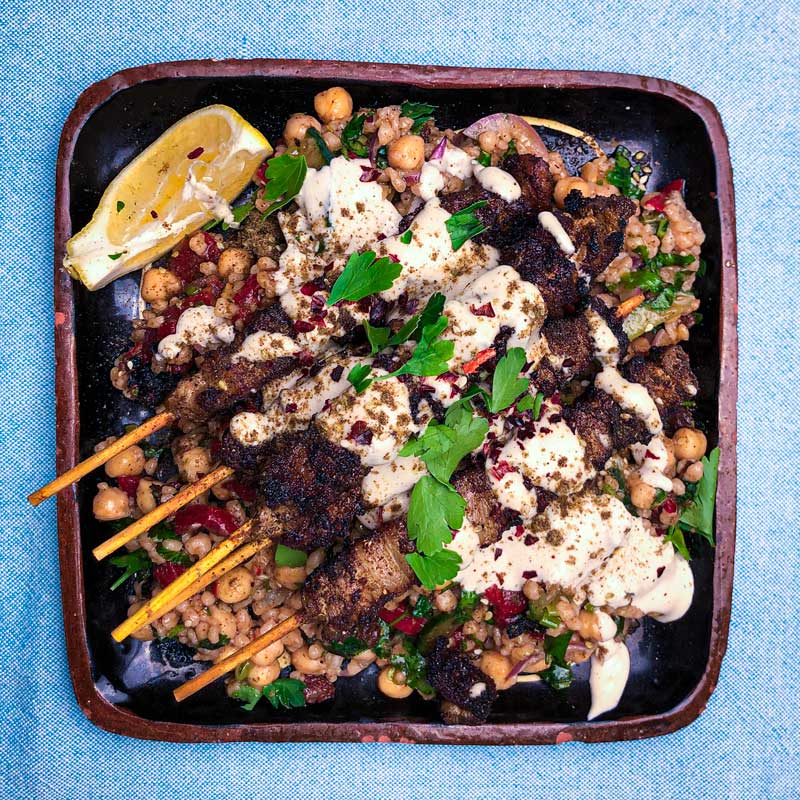 Shawarma Lamb recipe with maftoul, chickpeas and tahini
