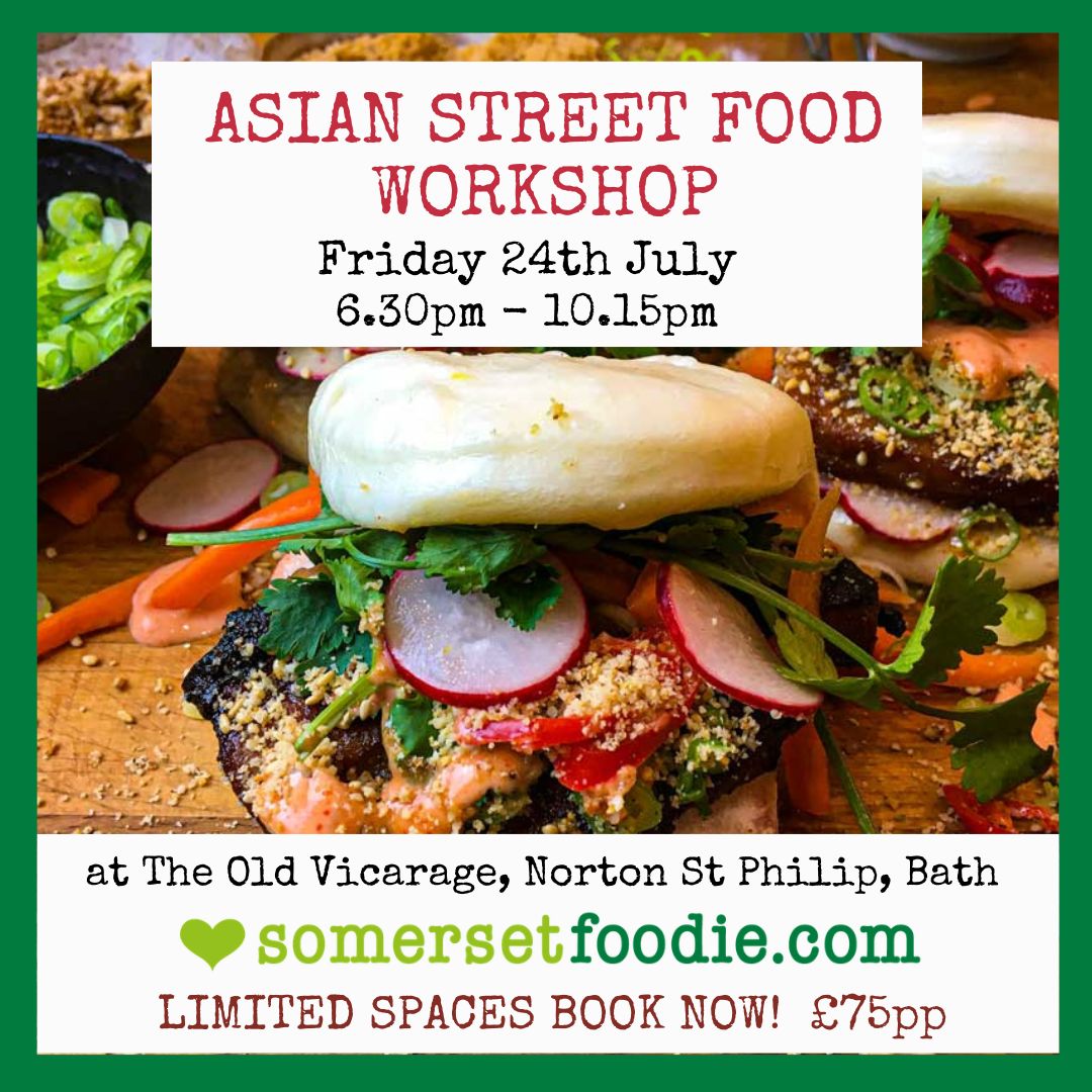 Promotional flyer for an Asian street food workshop with a close-up of a bao bun with char sui pork