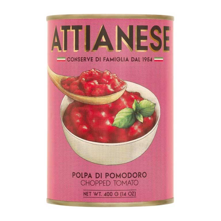 A 400g can of Attianese chopped tomatoes with an attractive purple label