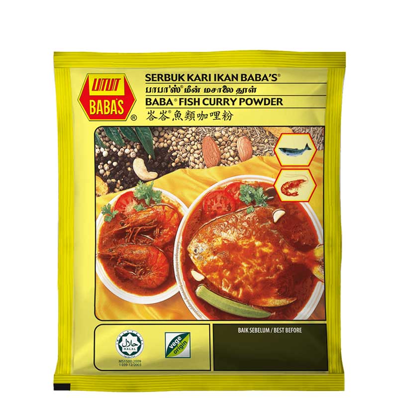 A 250g bag of Baba's Malaysian Fish Curry Powder in a yellow branded bag with images of fish curry, pictured on a white background