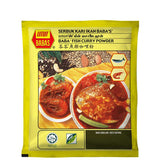 A 250g bag of Baba's Malaysian Fish Curry Powder in a yellow branded bag with images of fish curry, pictured on a white background