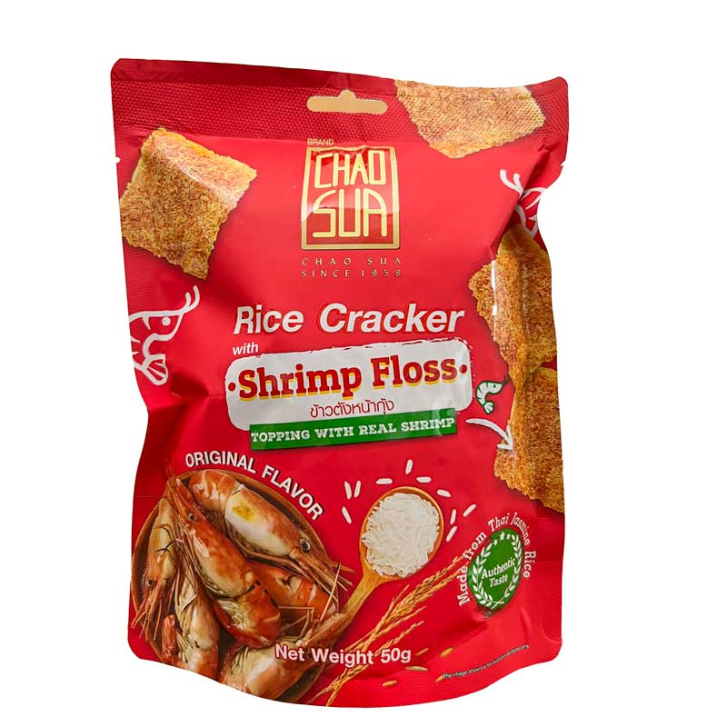 A 50g pack of Chao Sua Rice Crackers with red branding and images of shrimps on the pack, pictured on a white background.