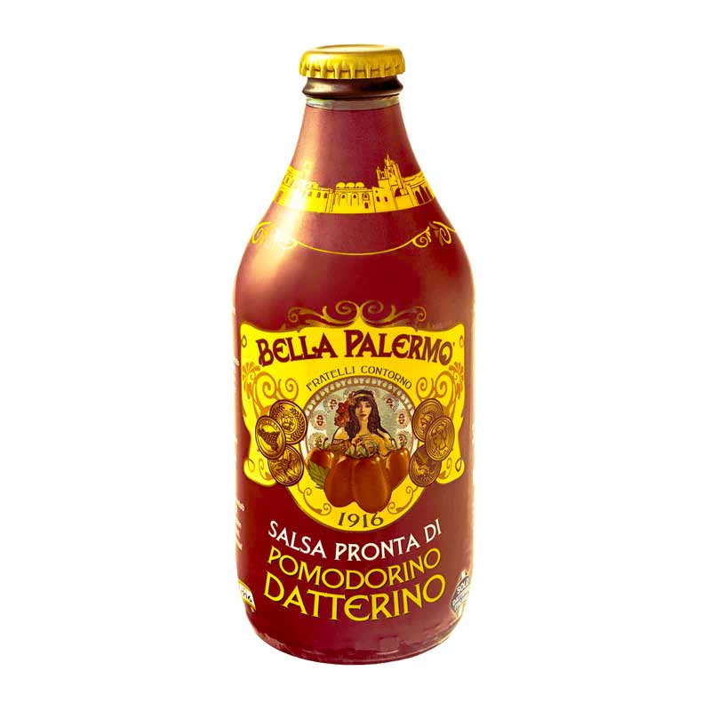 Bottle of Fratelli Contorno Salsa Pronta di Pomodoino Datterino on a white background