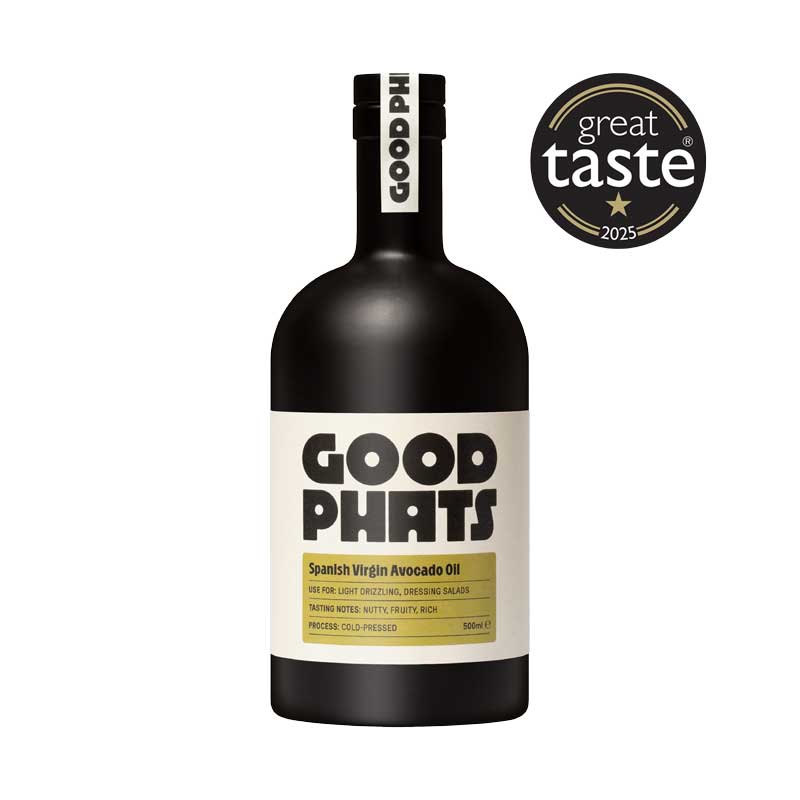 Black Glass Bottle of Good Phats Spanish Virgin Avocado Oil 500ml on a white background