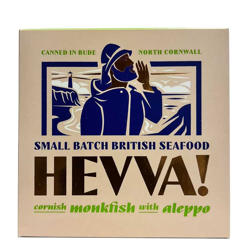 A square 110g box of HEVVA! Cornish Monkfish with Aleppo, featuring a vintage-style illustration of a fisherman in a blue hood on a beige background with green and dark blue text.