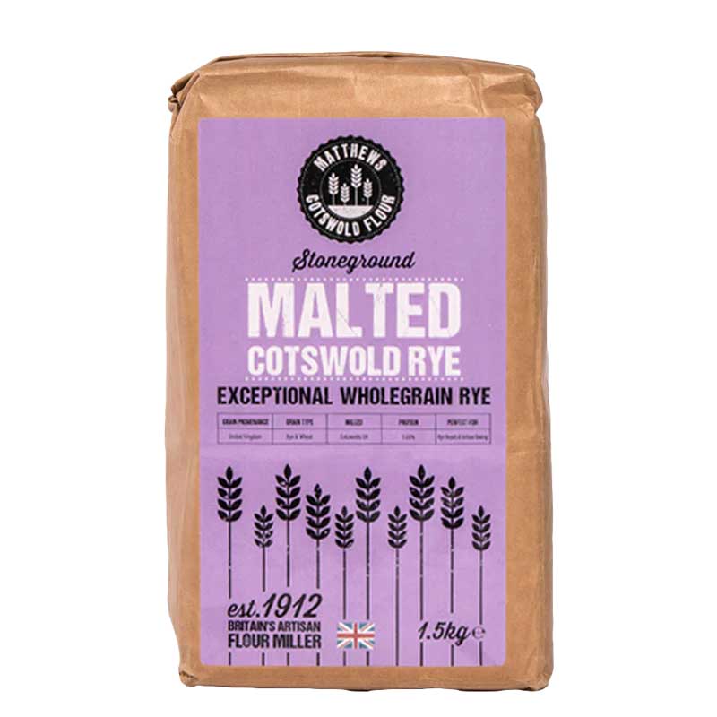 A 1.5g bag of FWP Matthews Stoneground Malted Cotswold Rye Flour with a purple label, pictured on a white background