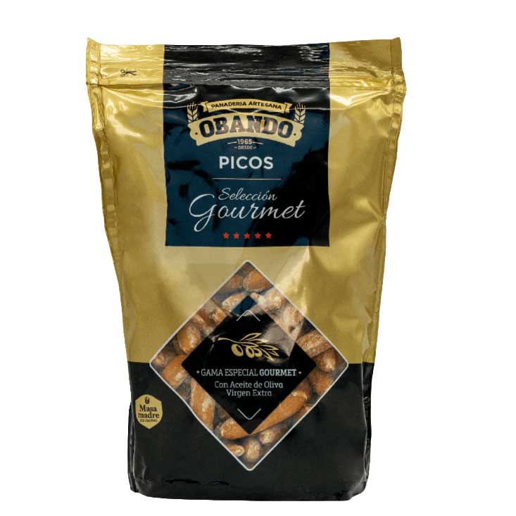 A bag of Obando mini breadsticks called Picos with gold and black branding n a white background