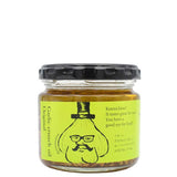 A 110g glass jar of Odawaraya Original Garlic Crunch Oil with a black lid and a bright yellow-green label featuring a cartoon garlic character, set against a plain white background.