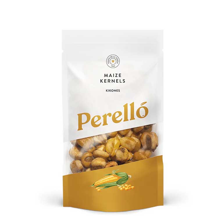 Perello brand package of maize kernels on a white background