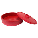 A Red 6 inch heavy plastic tortilla warmer pictured against a white background