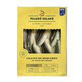 A 110g ack of Pujado Solano Cantabrian Marinated Anchovies - Filetes de Boqueron - showing the silvery anchovies in a window through a yellow branded sleeve.