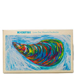 Colorful mussel illustration on a box labeled 'Rockfish' with 'Lyme Bay Mussels Escabeche'.