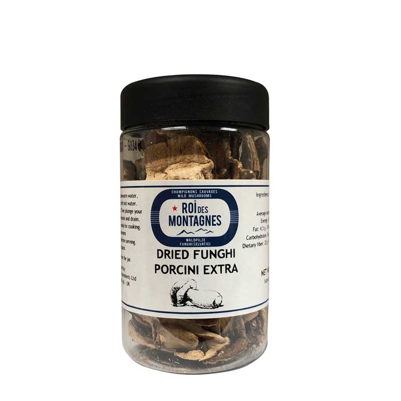 Jar of Roi des Montagnes dried porcini mushrooms with a black lid on a white background