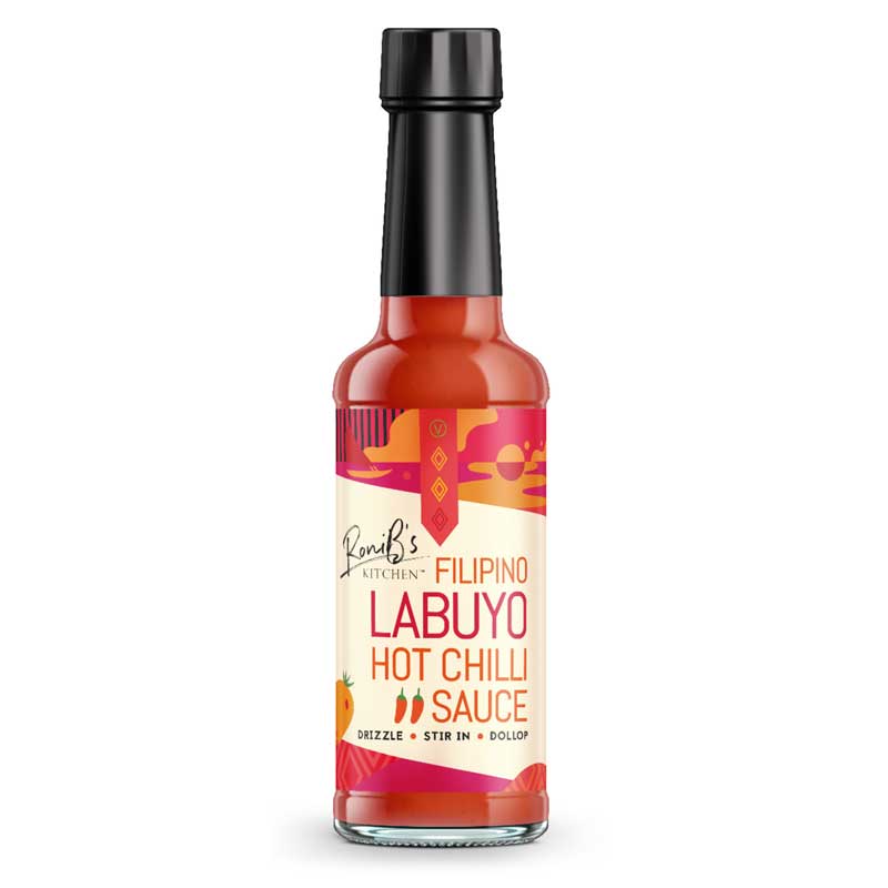 Picture of Roni Bs Filipino Labuyo Hot Chilli Sauce bottle with a red and orange label on a white background