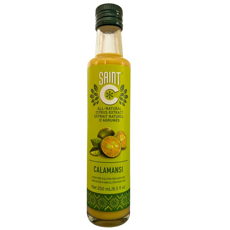 A 250 ml glass bottle of Saint C Calamansi extract, featuring a bright yellow-green label with illustrations of calamansis, and a dark green cap, set against a plain white background.