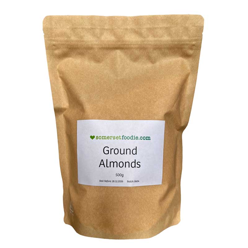 Somerset Foodie Ground Almonds packed in a brown Kraft bag with a label on a white background