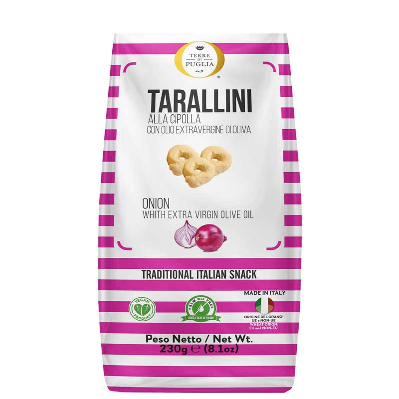A 230g bag of Terre di Puglia Red Onion Tarallini, featuring a white bag with red horizontal stripes and an illustration of red onions.