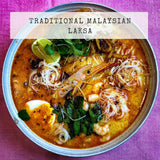 Recipe for Traditional Malaysian Chicken and Prawn Laksa made using Tean's Gourmet Paste for Curry Laksa showing bowl with laksa broth, noodles and prawns