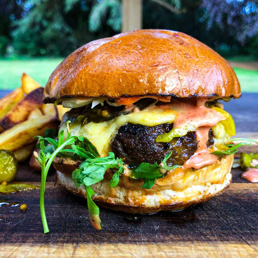 Jimmy's Satay Cheeseburger with Pickles and Chilli Mayo
