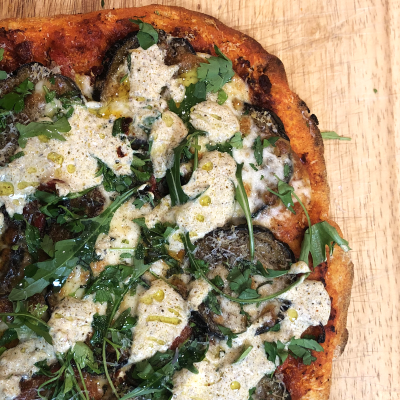 Sourdough Flatbreads with Aubergine, Red Peppers and Schug