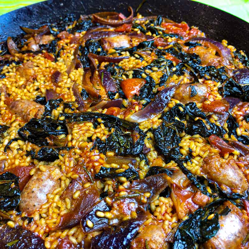 Sausage Paella with Red Onion and Cavolo Nero