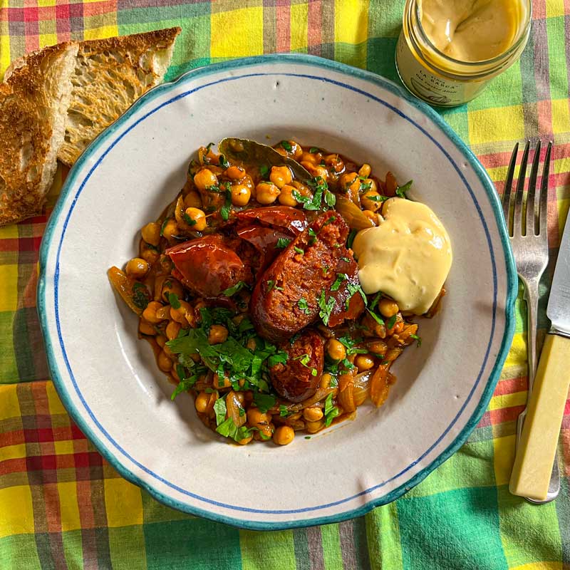 Smoked Chorizo with Chickpea Stew and Alioli