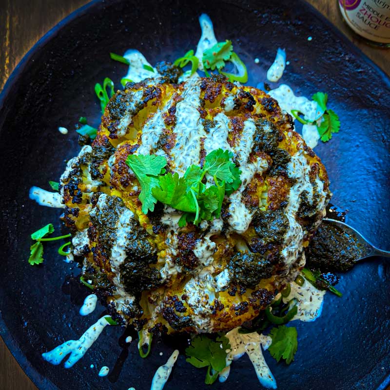 Whole Roasted Cauliflower with Schug