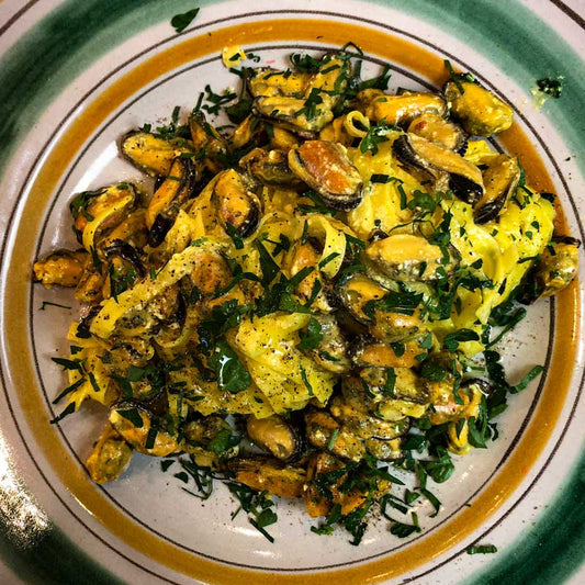 Egg Fettuccine with Mussels and Saffron