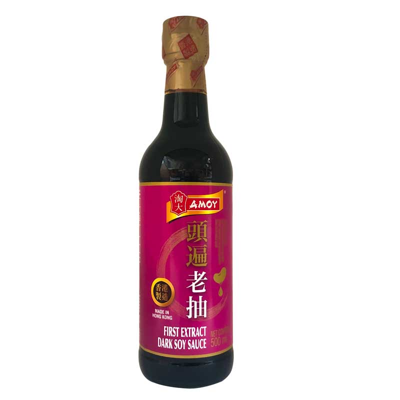Bottle of Amoy First Extract Dark Soy Sauce on a white background