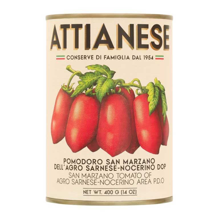 A 400g can of Attianese San Marzano Plum Tomatoes in an attractive can on a white background