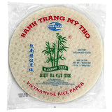 A round 340g package of Bamboo Tree 22cm Vietnamese rice papers, sealed in a clear plastic bag against a white background.