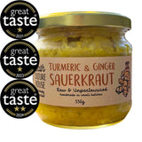 A jar of Bath Culture House Turmeric and Ginger Sauerkraut with three Great Taste Award medals on a white background