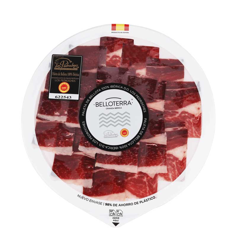 An 80g pack of hand carved Belloterra 100% Bellota Iberico Pork Should in a clear pack on a white background