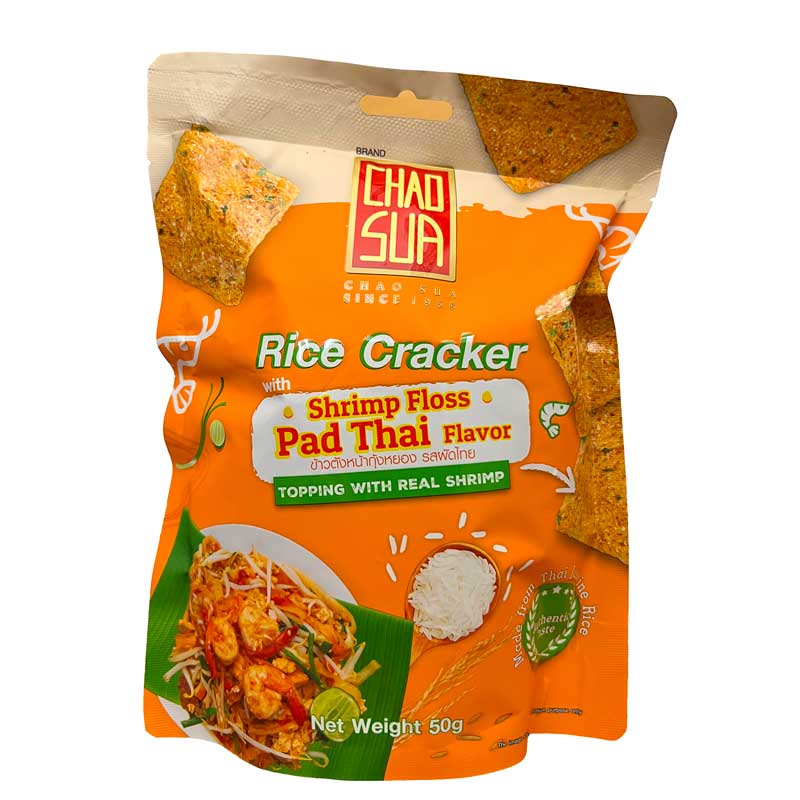 A bag of Chao Sua Shrimp Pad Thai flavoured rice crackers with orange branding on a white background
