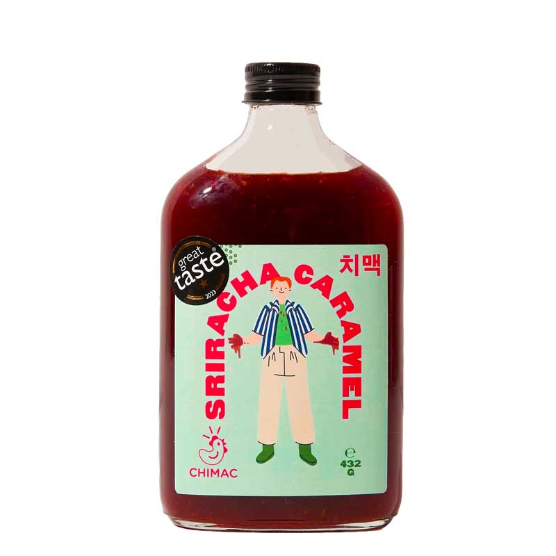 A bottle of Chimac Sriracha Caramel Sauce with a bluey green label on a white background