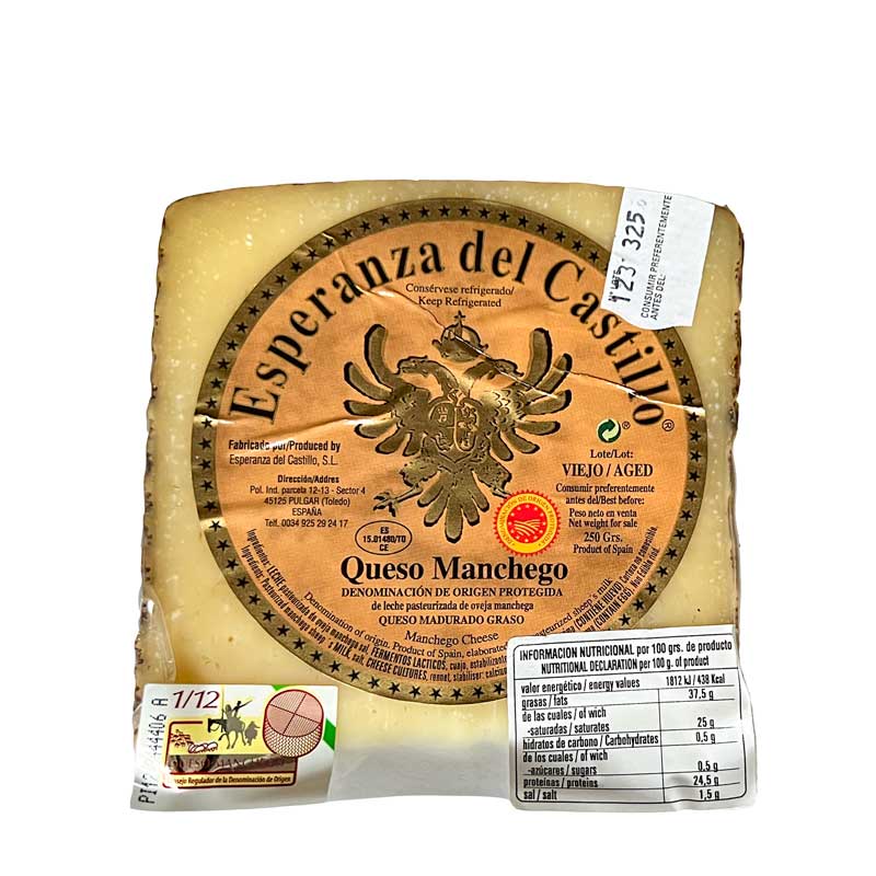 A 250g piece of Esperanza del Castillo Aged Manchego Cheese on a white background