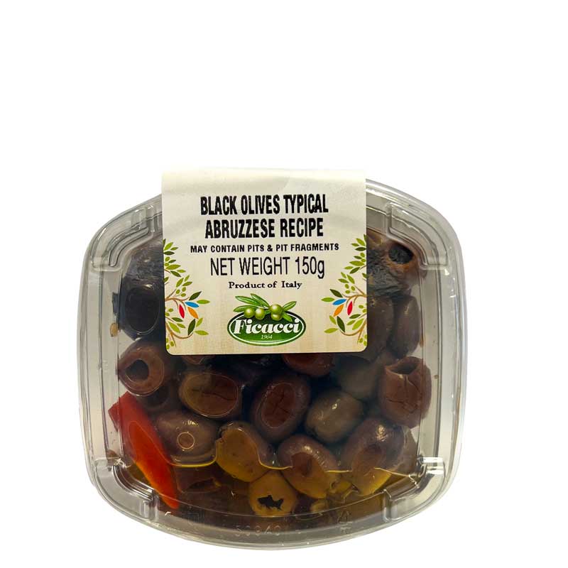 Packaged Ficacci Leccino pitted black olives with a label on a white background