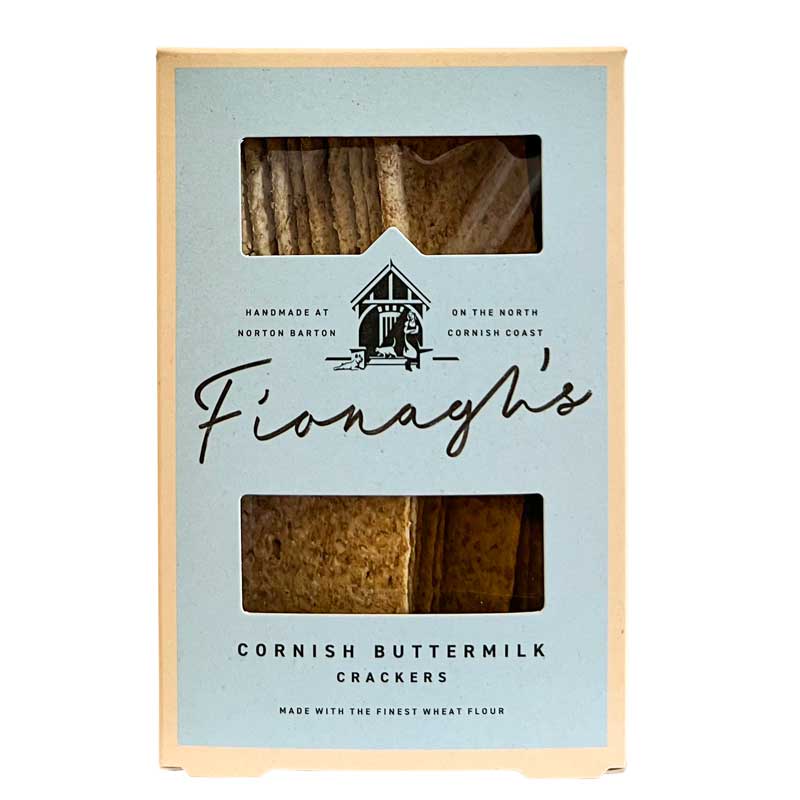 A 120g box of Fionagh's Cornish buttermilk crackers in an attractive light blue box with two windows showing crackers inside.