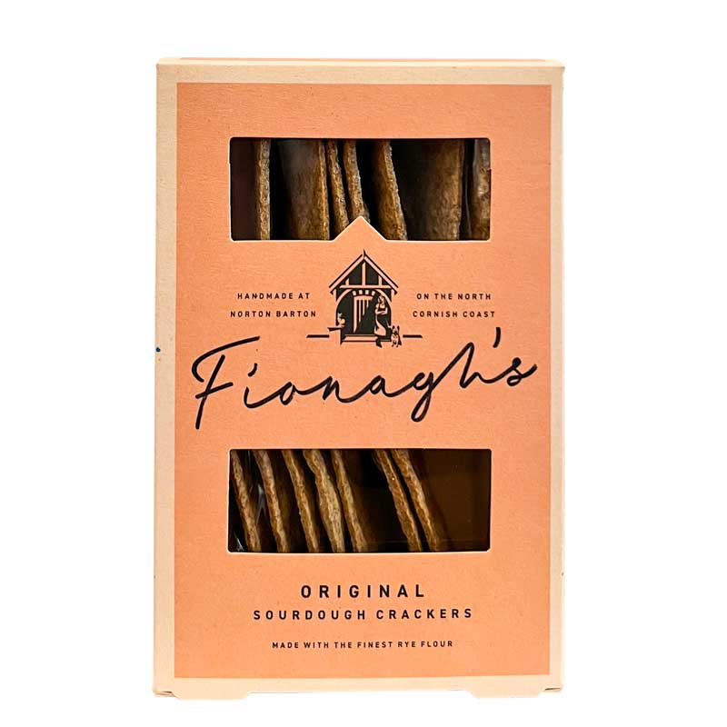 A 100g box of Fionagh's Original Sourdough Crackers in an attractive beige coloured box with Fionagh's signature across the front