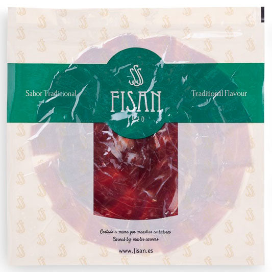 A pack of Fisan Hand Carved Iberico Cebo de Campo Ham 50g on a white background