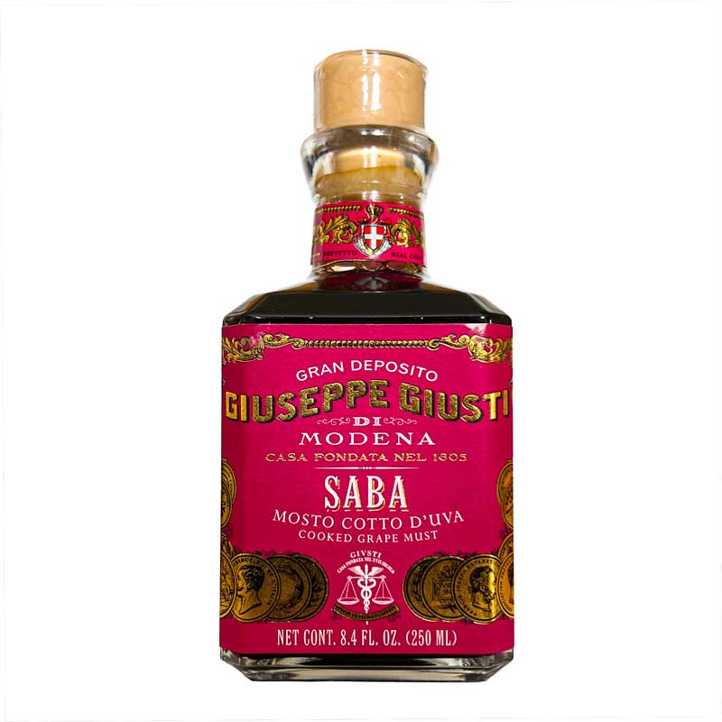 A 250ml bottle of Giuseppe Giusti Saba or Mosto Cotto with attractive purple and gold branding on a white background.