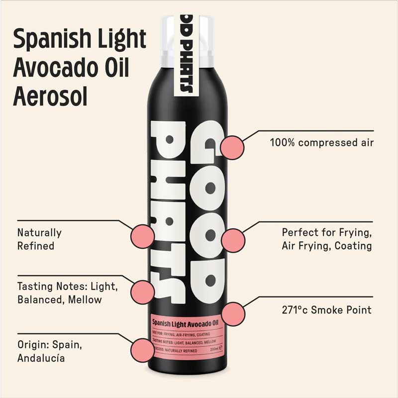 Spanish Light Avocado Oil Aerosol with features highlighted on a beige background