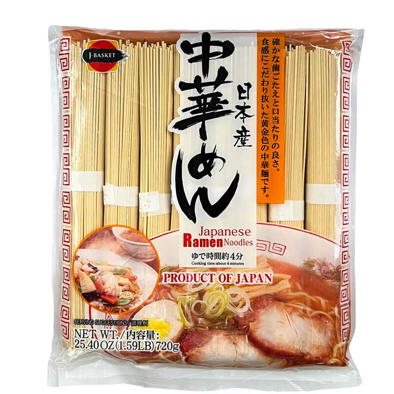A 720g pack of J-Basket Chuka Soba Ramen Noodles in a clear pack showing 8 individual bundles. The bottom of the pack has an image of a bowl of ramen noodles. 