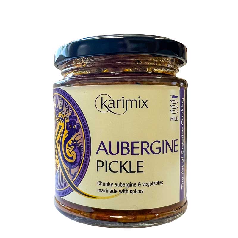 A glass jar of Karimix Aubergine Pickle with a cream-colored label and dark blue lid, set against a plain white background.