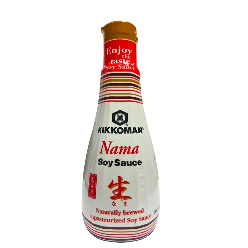 A 200ml bottle of Kikkoman Nama Soy Sauce with red and white branding on a white background