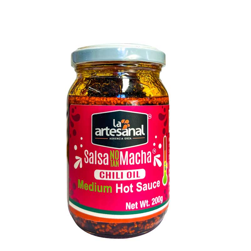 A jar of La Artesanal Mexican Salsa Macha Medium Hot Chilli Oil with a pink label on a white background
