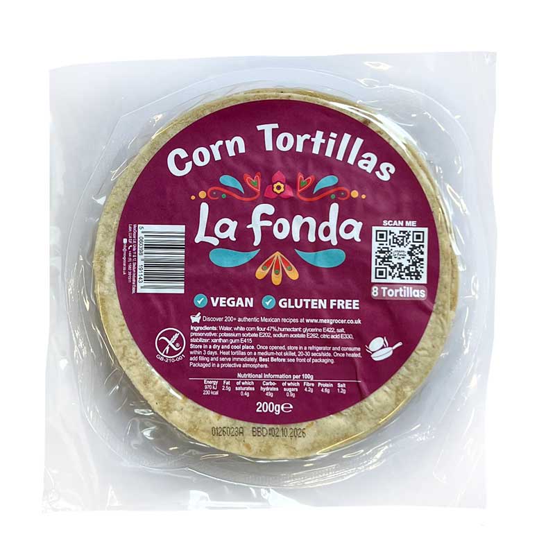 Packaged La Fonda corn tortillas with purple branding on a white background