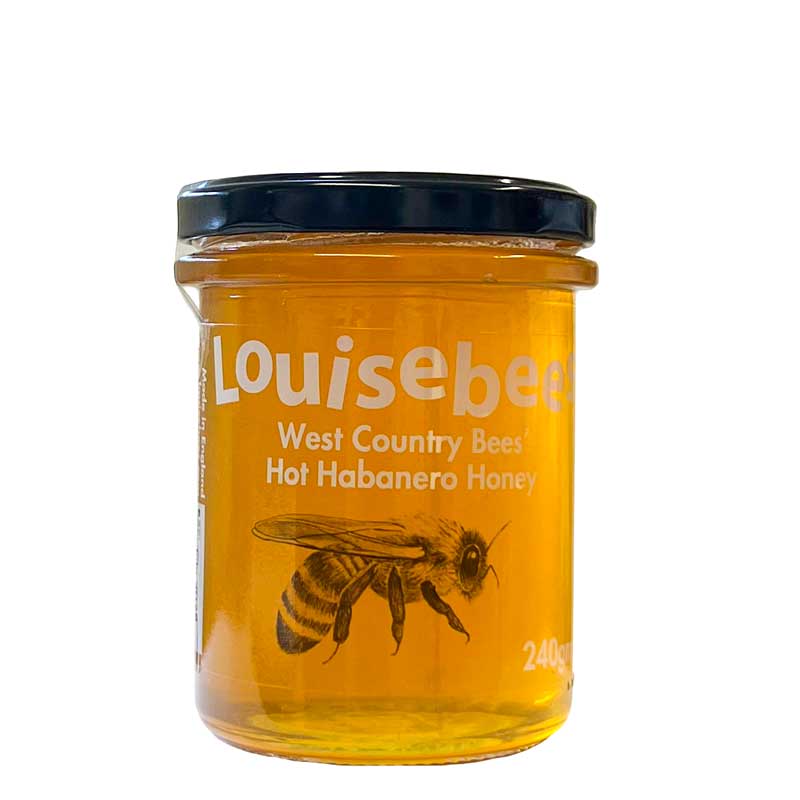 A 240g jar of Louise Bees West Country Hot Habanero Honey with a bee illustration on the jar pictured n a white background