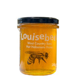 A 240g jar of Louise Bees West Country Hot Habanero Honey with a bee illustration on the jar pictured n a white background