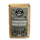 A 1.5kg bag of Matthew Regenerative Stoneground Wholegrain Flour with a grey label, pictured on a white background